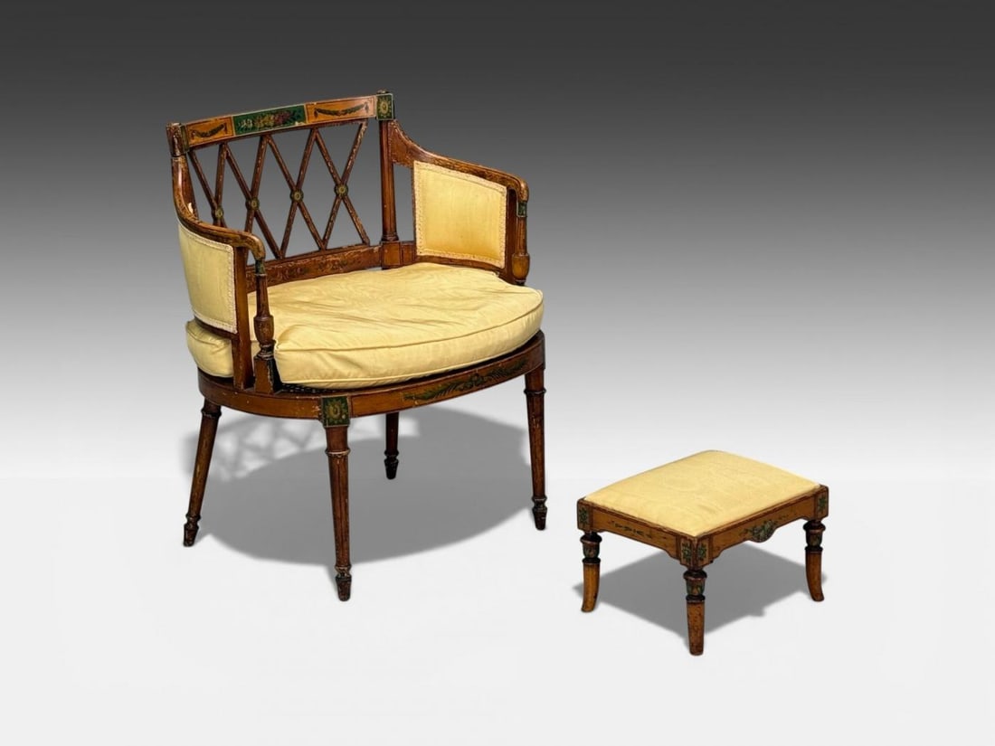 Adams Style, Chair and Ottoman, Painted Wood, Fabric, USA, 1930s - 2