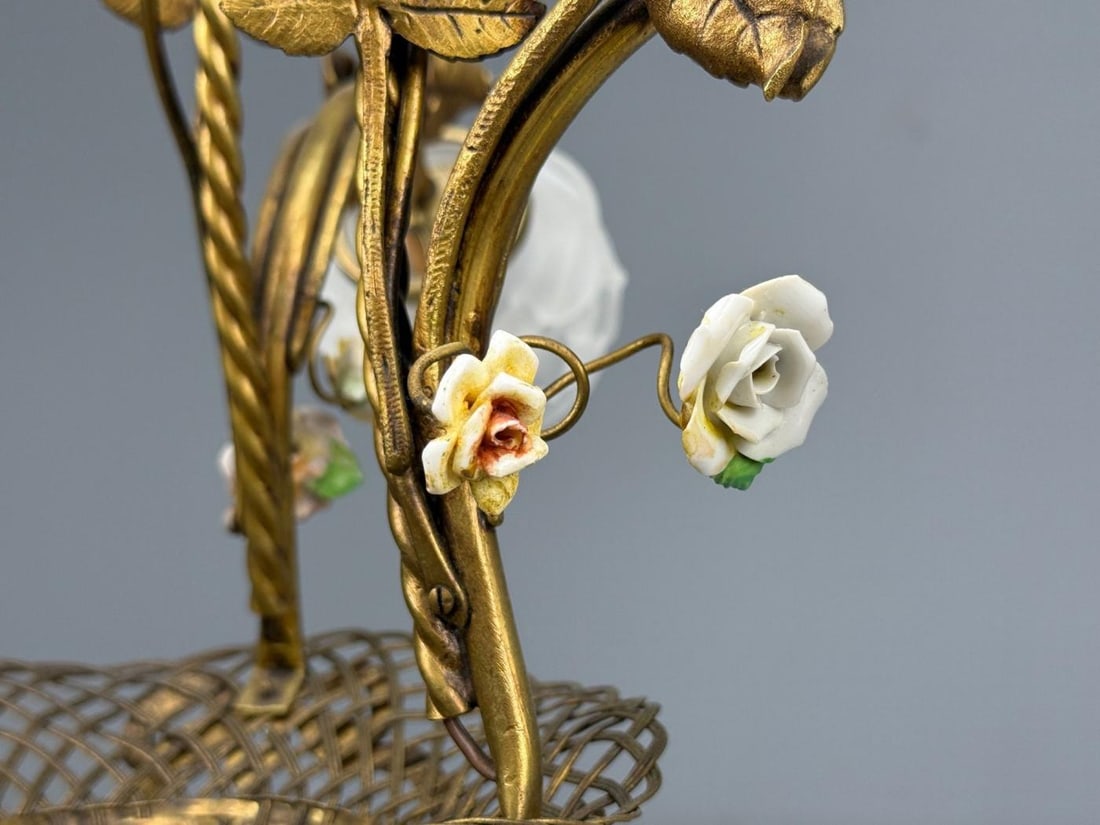 Belle Epoque Style, Basket Chandelier, Bronze, Porcelain, 1940s - 10