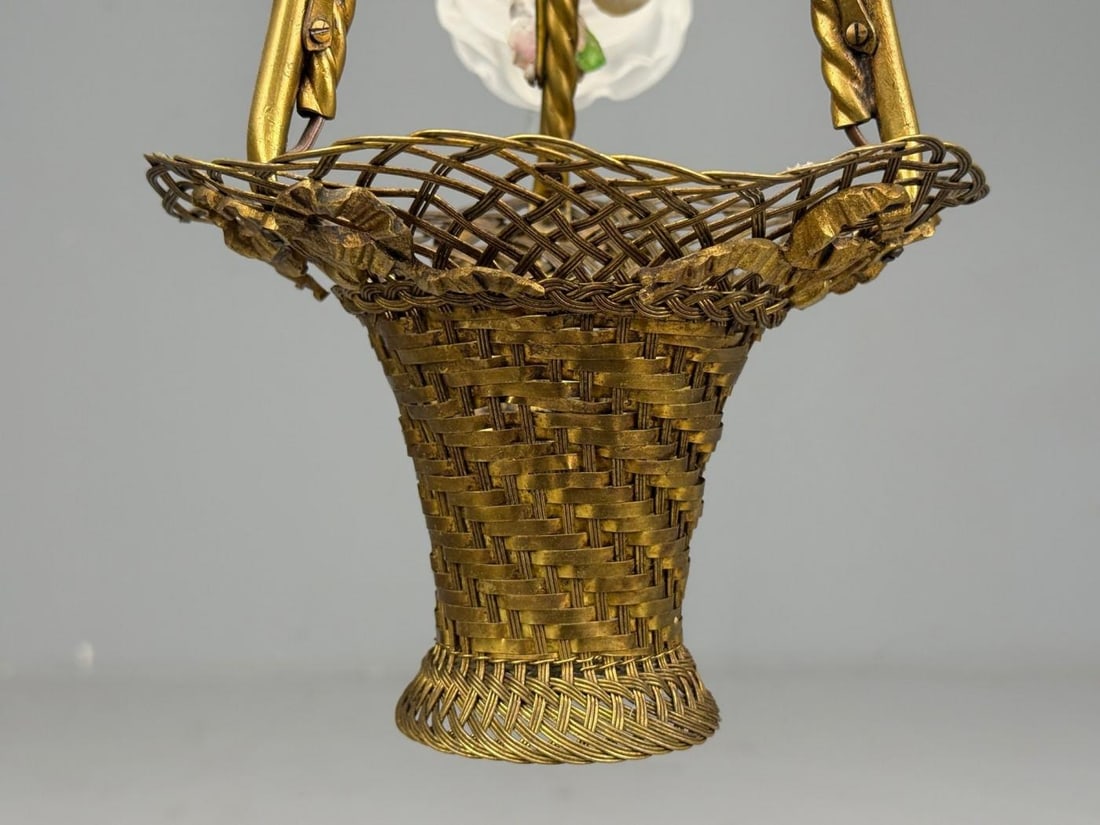 Belle Epoque Style, Basket Chandelier, Bronze, Porcelain, 1940s - 11