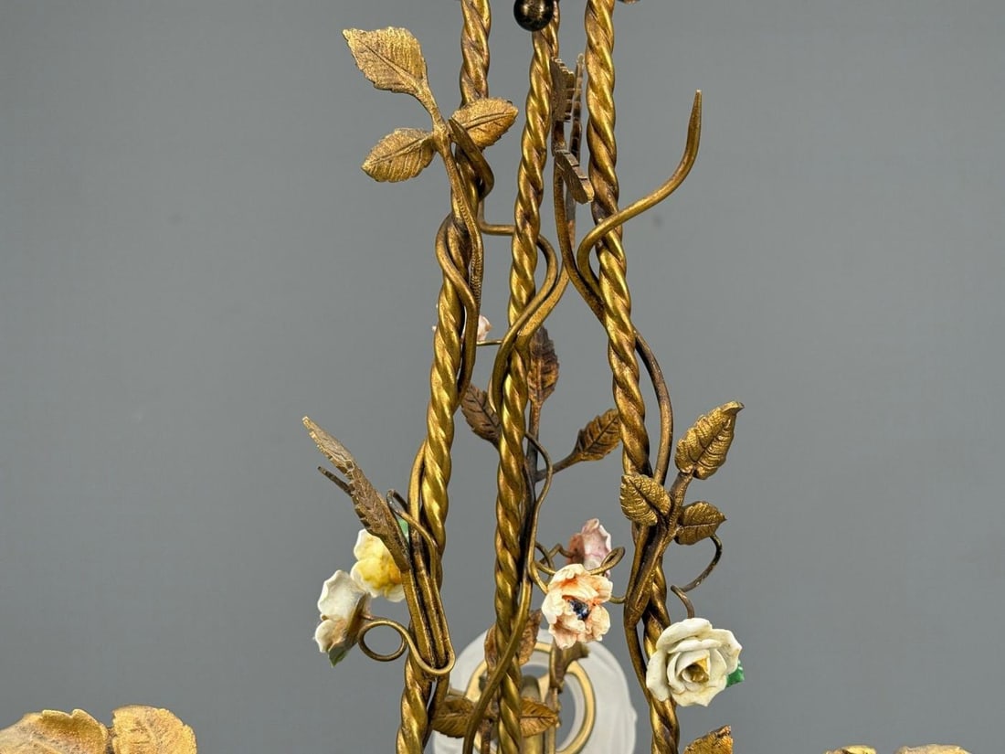 Belle Epoque Style, Basket Chandelier, Bronze, Porcelain, 1940s - 12