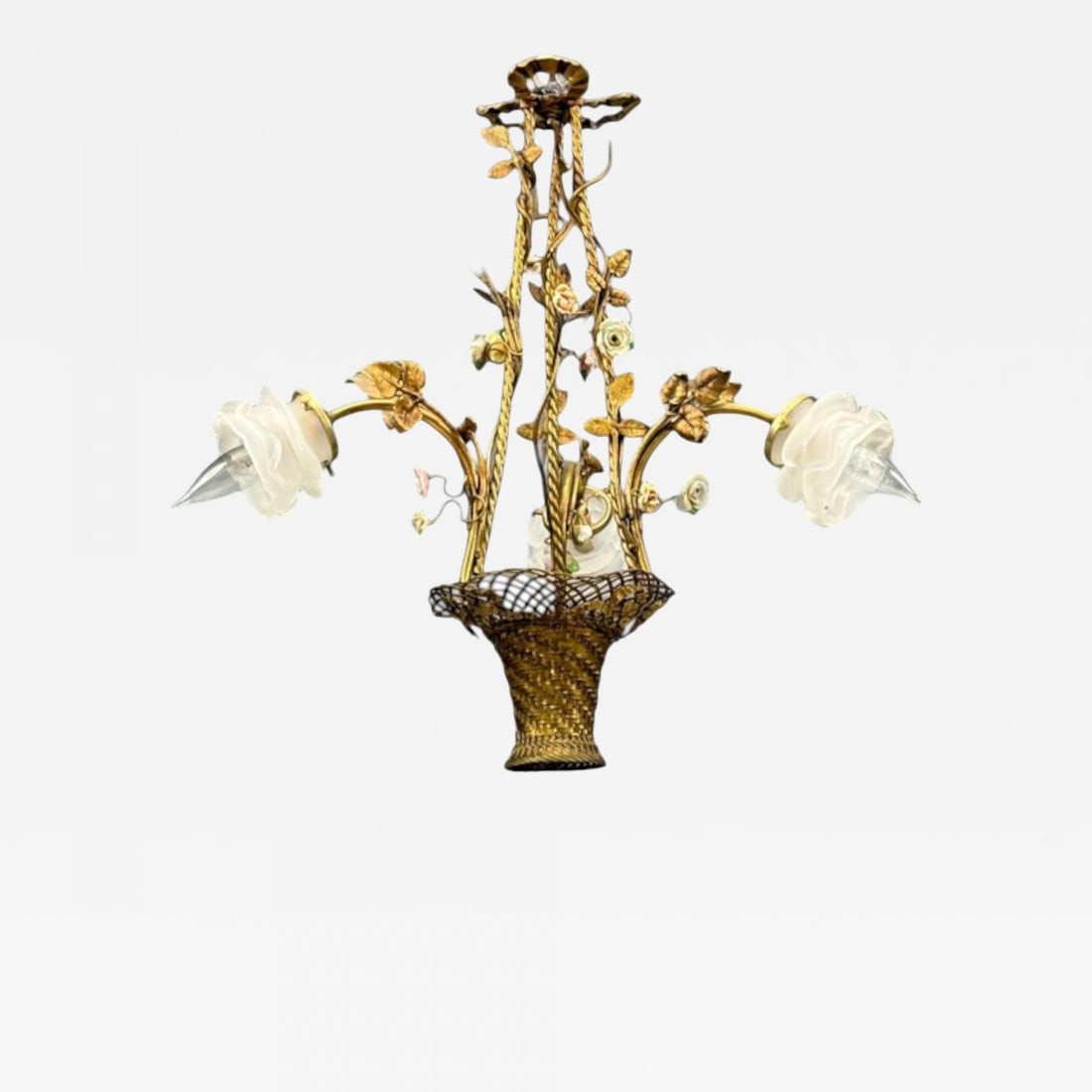 Belle Epoque Style, Basket Chandelier, Bronze, Porcelain, 1940s (1 of 12)
