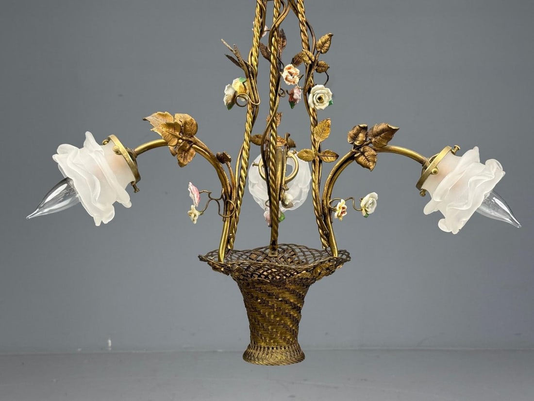 Belle Epoque Style, Basket Chandelier, Bronze, Porcelain, 1940s - 2