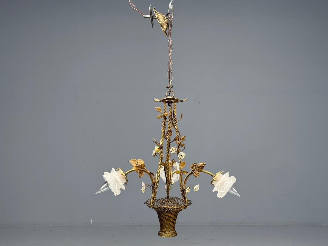 Belle Epoque Style, Basket Chandelier, Bronze, Porcelain, 1940s - 4