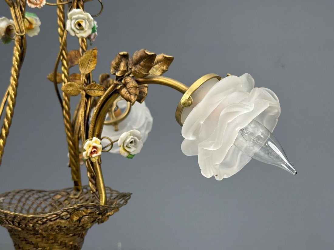 Belle Epoque Style, Basket Chandelier, Bronze, Porcelain, 1940s - 5