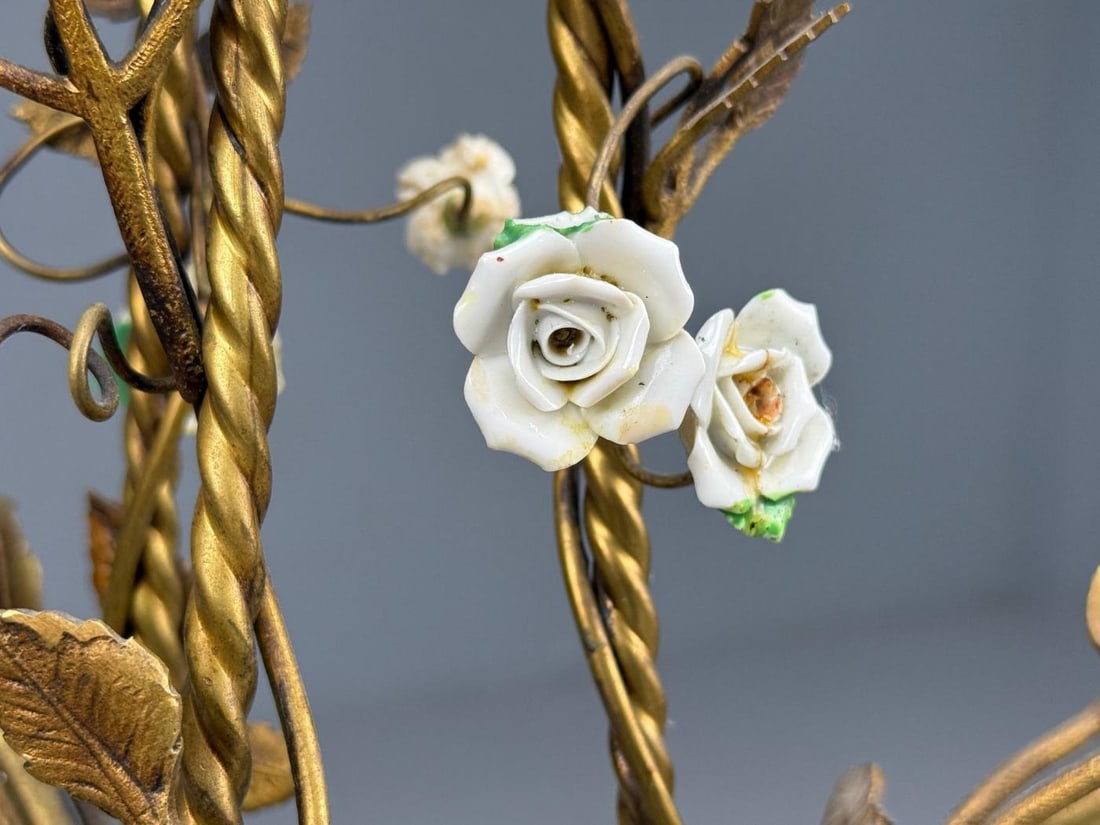 Belle Epoque Style, Basket Chandelier, Bronze, Porcelain, 1940s - 6