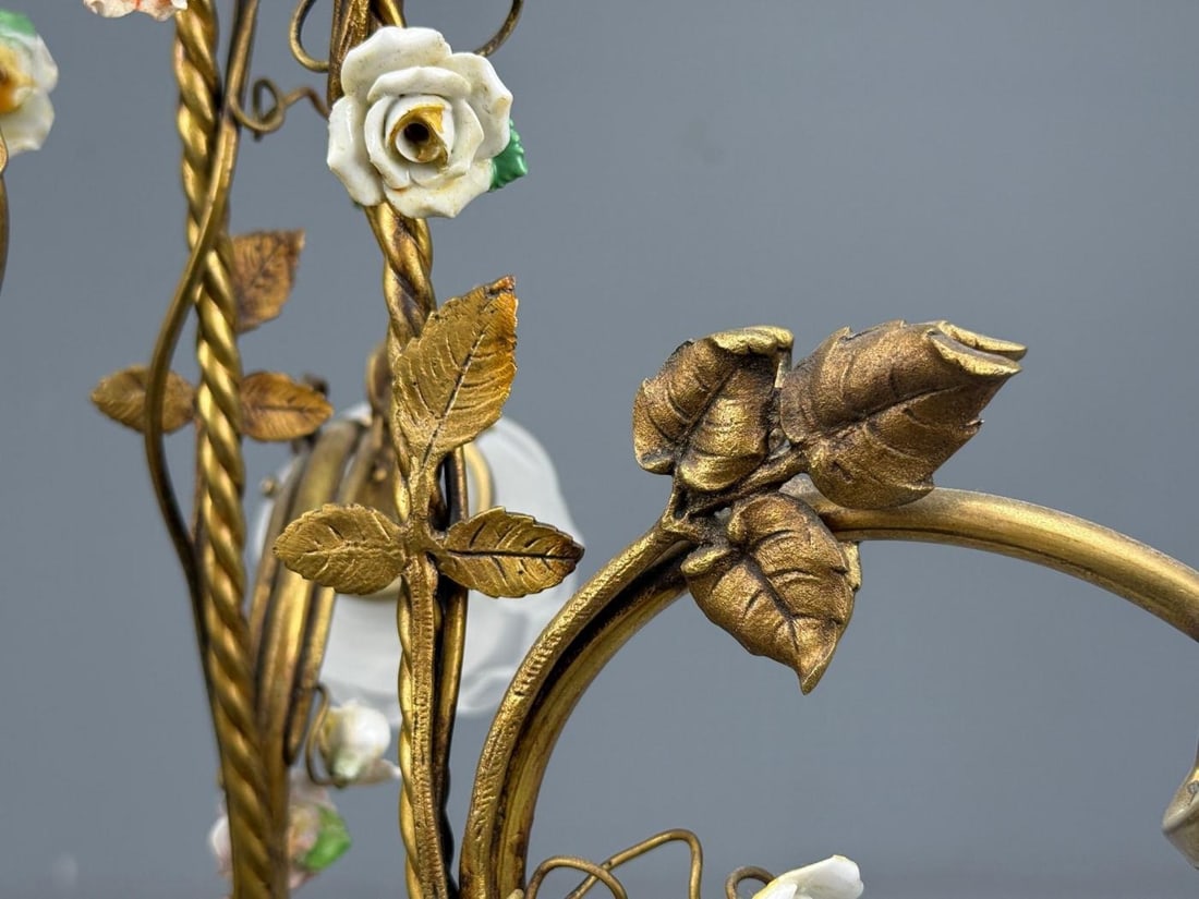 Belle Epoque Style, Basket Chandelier, Bronze, Porcelain, 1940s - 7