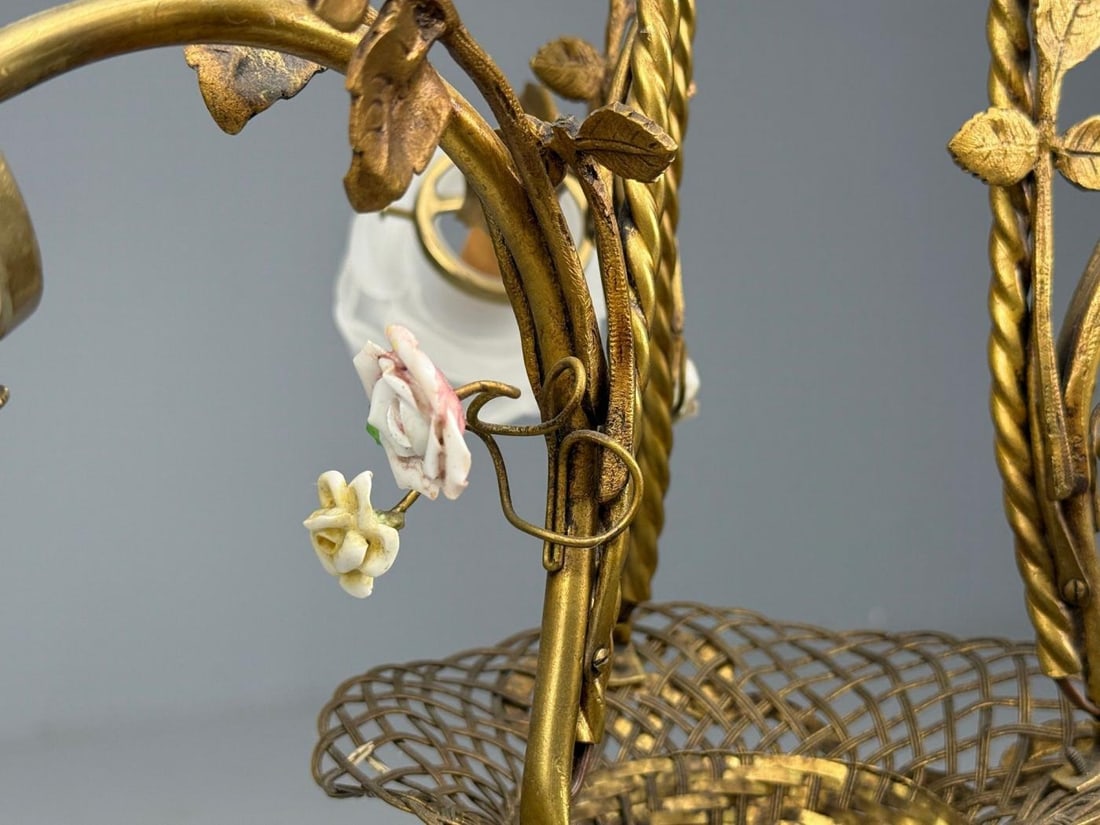 Belle Epoque Style, Basket Chandelier, Bronze, Porcelain, 1940s - 9