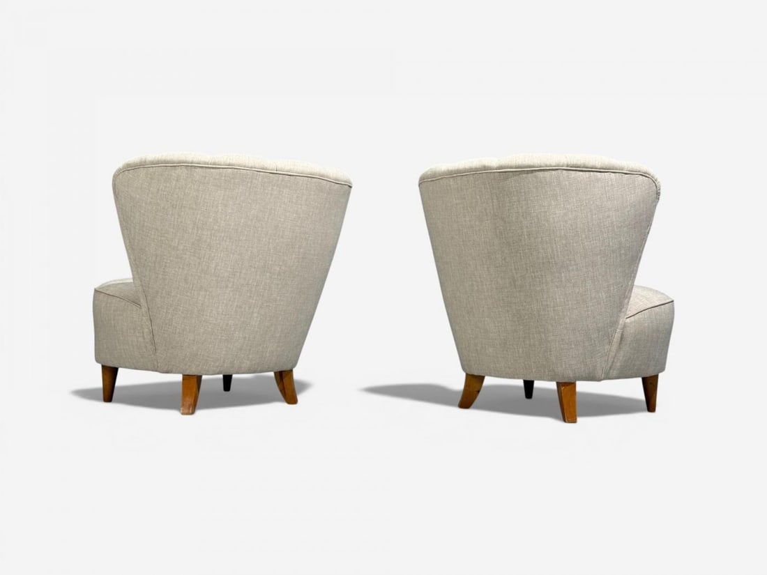Carl-Johan Boman, Easy Chairs, Beige Linen, Wood, Finland, 1950s - 11