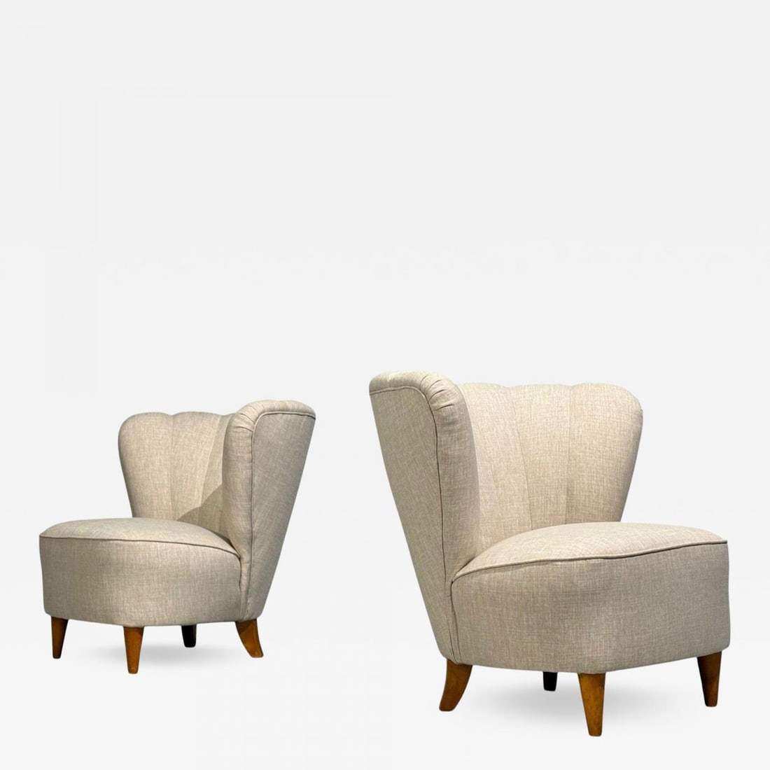 Carl-Johan Boman, Easy Chairs, Beige Linen, Wood, Finland, 1950s (1 of 12)