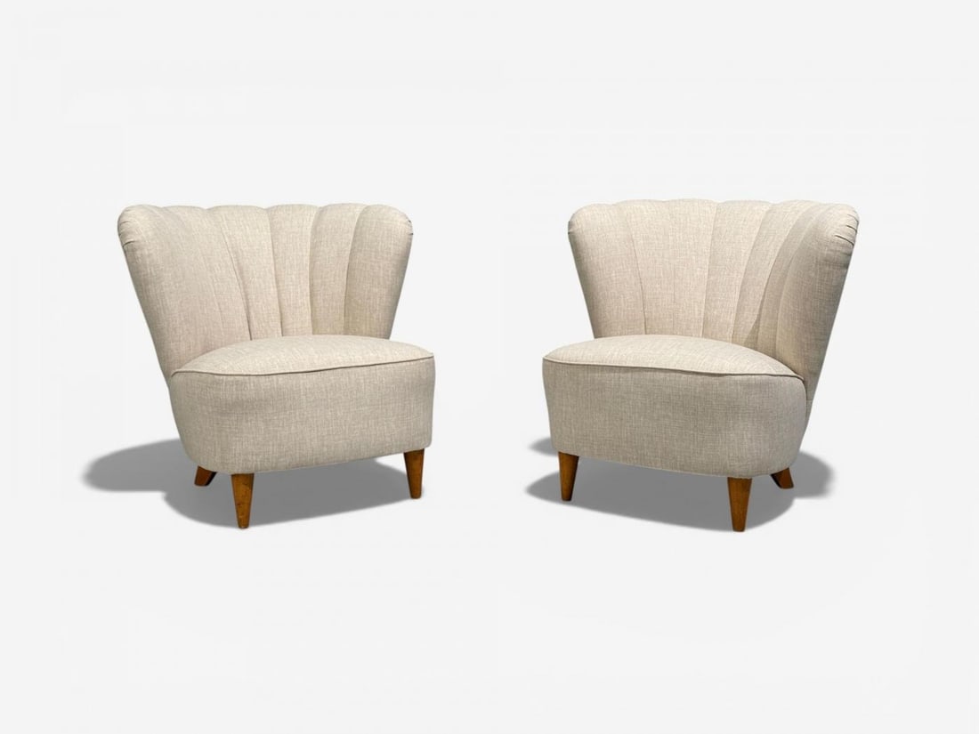 Carl-Johan Boman, Easy Chairs, Beige Linen, Wood, Finland, 1950s - 4