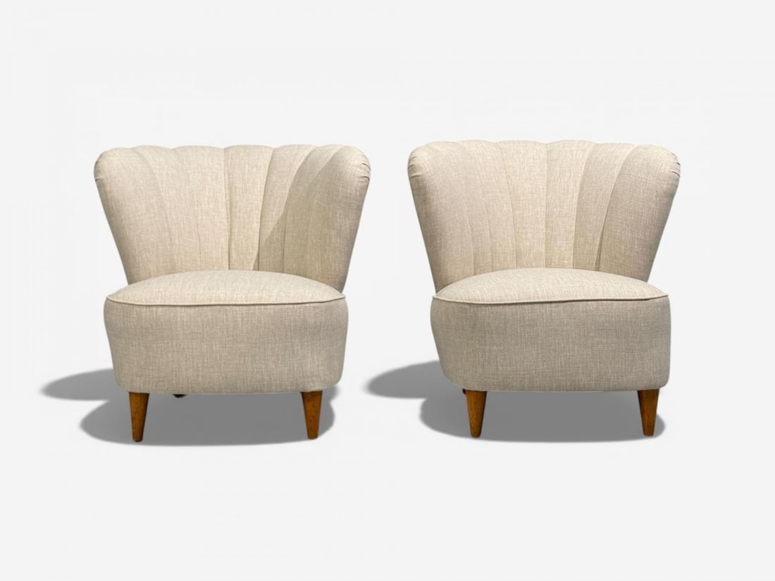 Carl-Johan Boman, Easy Chairs, Beige Linen, Wood, Finland, 1950s - 6
