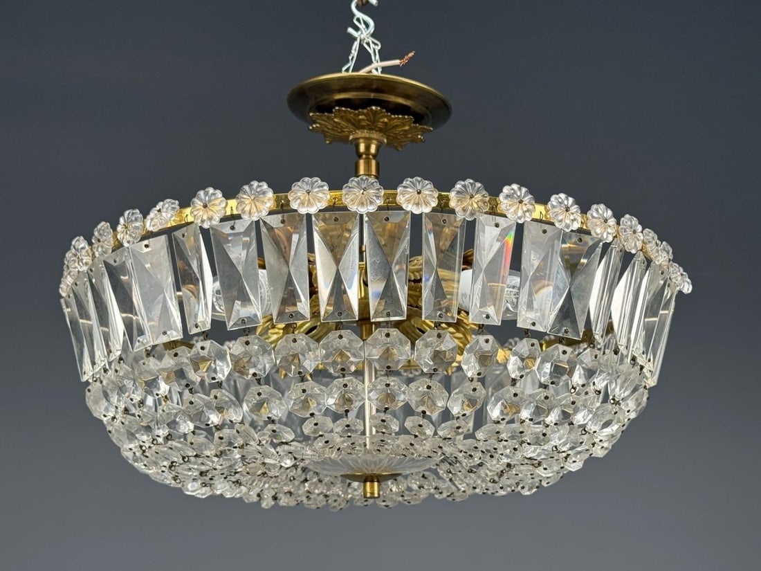 Neoclassical, Basket Pendant Light, Bronze, Crystal, France, 20th c. - 2