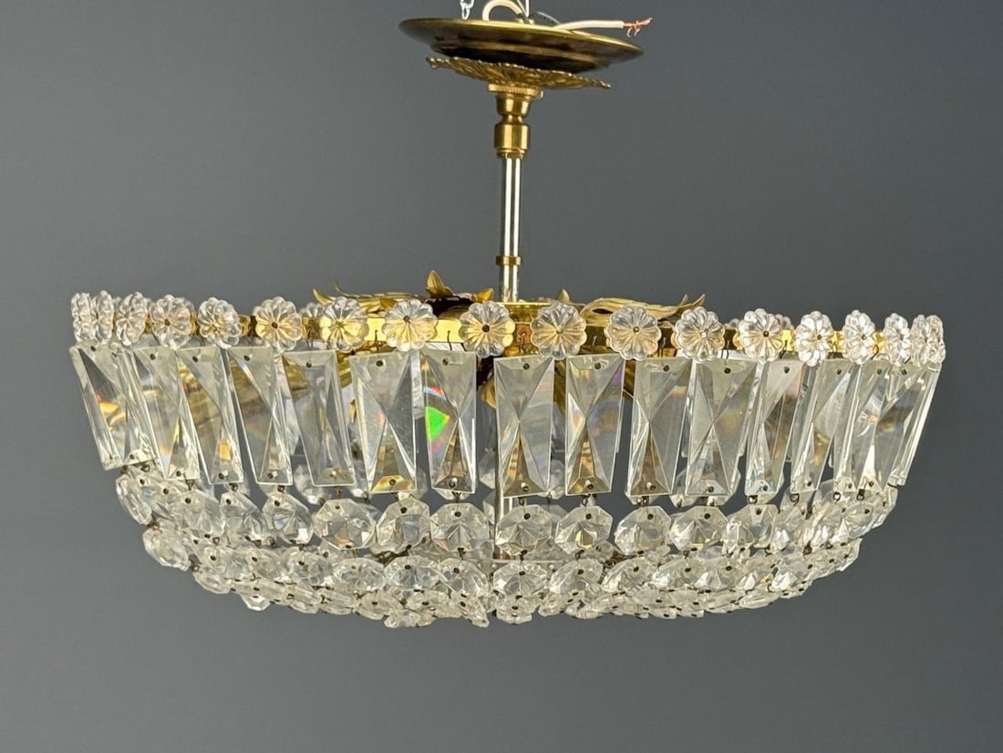 Neoclassical, Basket Pendant Light, Bronze, Crystal, France, 20th c. - 3