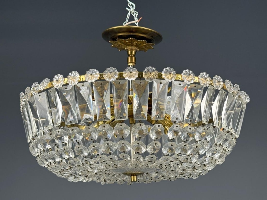Neoclassical, Basket Pendant Light, Bronze, Crystal, France, 20th c. - 4