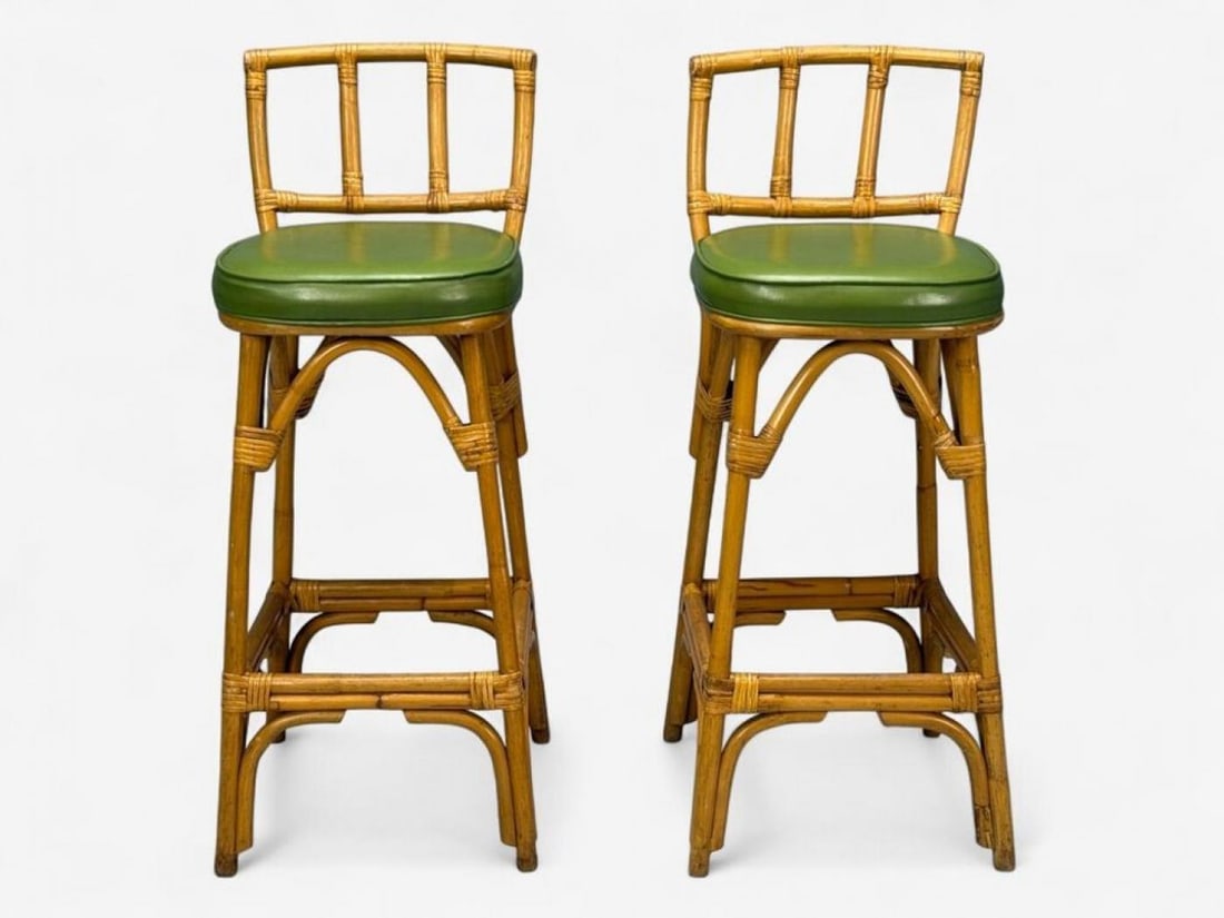 Dutch Modern, Bamboo, Green Leather, Three Barstools, Netherlands, 1970s - 3