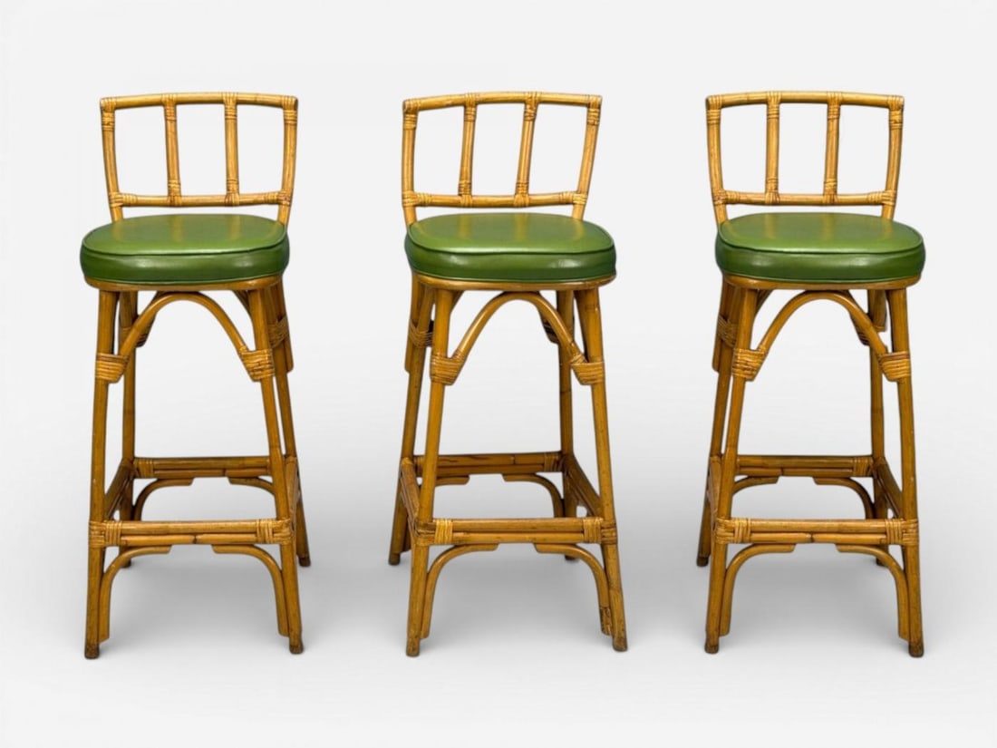 Dutch Modern, Bamboo, Green Leather, Three Barstools, Netherlands, 1970s - 4