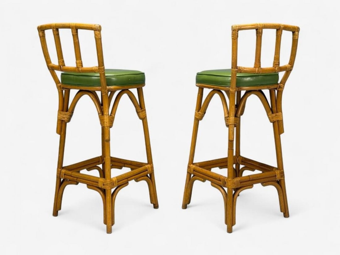 Dutch Modern, Bamboo, Green Leather, Three Barstools, Netherlands, 1970s - 5