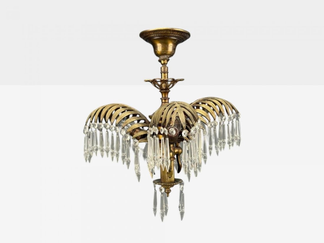 Maison Jansen Style, Palm Leaf Chandelier, Gilt Bronze, Crystal, France, 1940s - 12