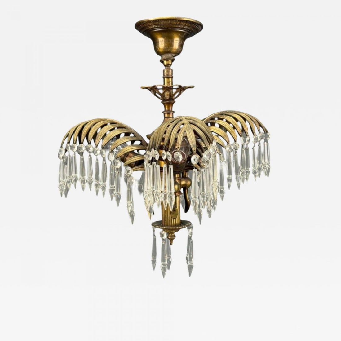 Maison Jansen Style, Palm Leaf Chandelier, Gilt Bronze, Crystal, France, 1940s: Title: Maison Jansen Style, Palm Leaf Chandelier, Gilt Bronze, Crystal, France, 1940s Description: "Maison Jansen Style, Hollywood Regency, Palm Leaf Chandelier, Gilt Bronze, Crystal, France, 1940s