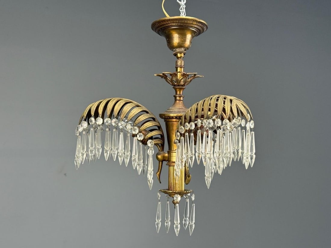 Maison Jansen Style, Palm Leaf Chandelier, Gilt Bronze, Crystal, France, 1940s - 2
