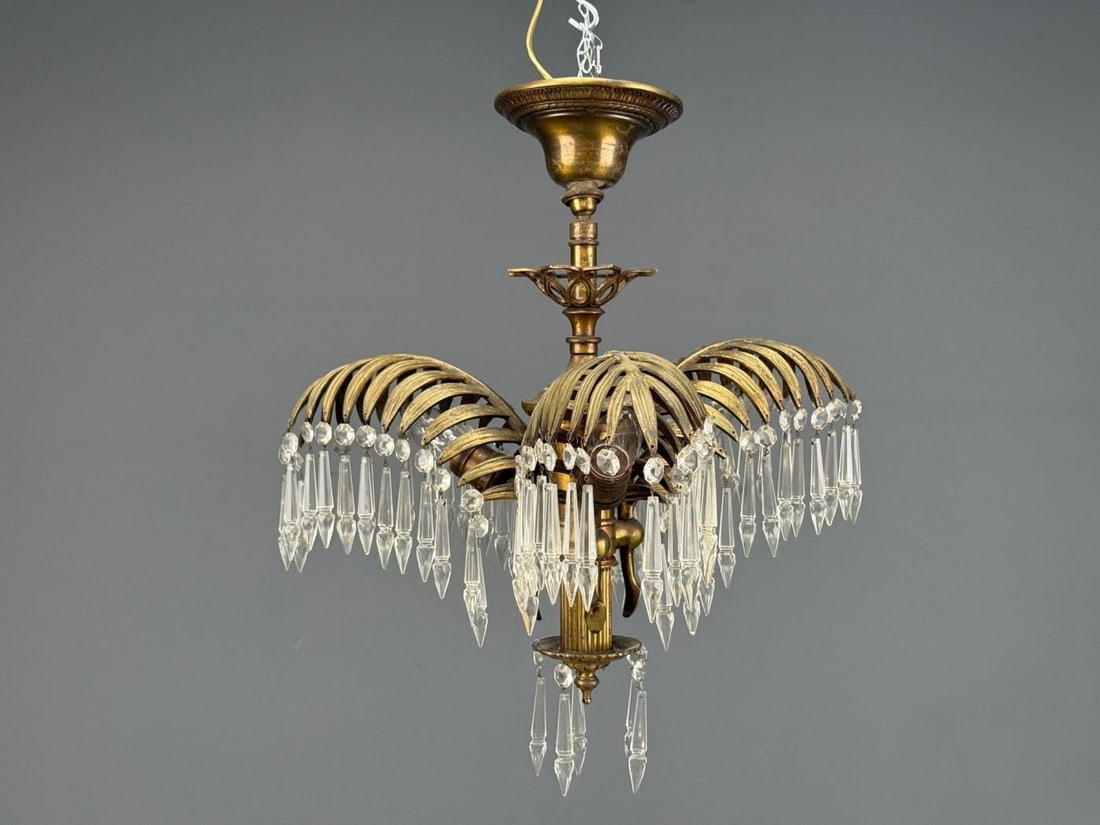 Maison Jansen Style, Palm Leaf Chandelier, Gilt Bronze, Crystal, France, 1940s - 4