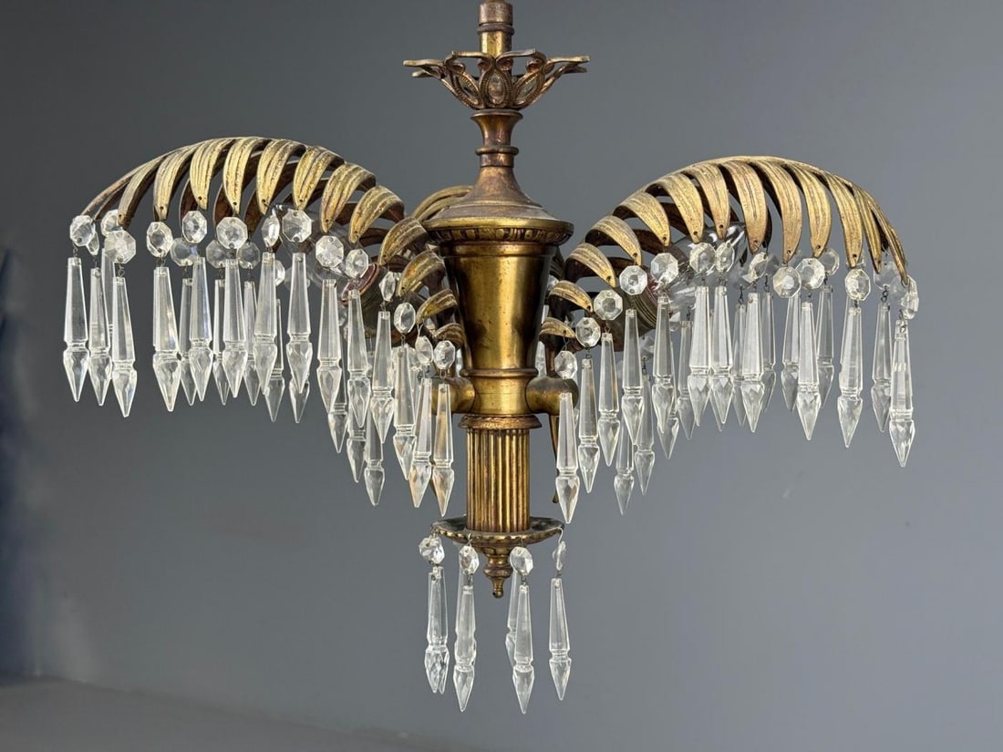 Maison Jansen Style, Palm Leaf Chandelier, Gilt Bronze, Crystal, France, 1940s - 5