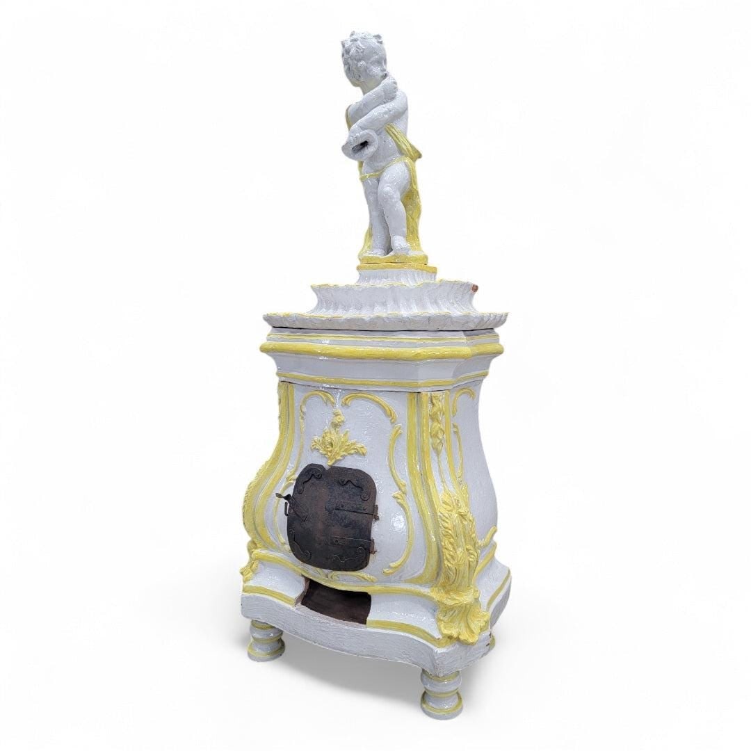 Antique Rococo Style Italian Majolica Stove: Title: Antique Rococo Style Italian Majolica Stove Description: Antique Rococo Style Italian Majolica Glazed Terra Cotta Stove This 19th Century Italian Majolica glazed terra cotta stove exemplifies