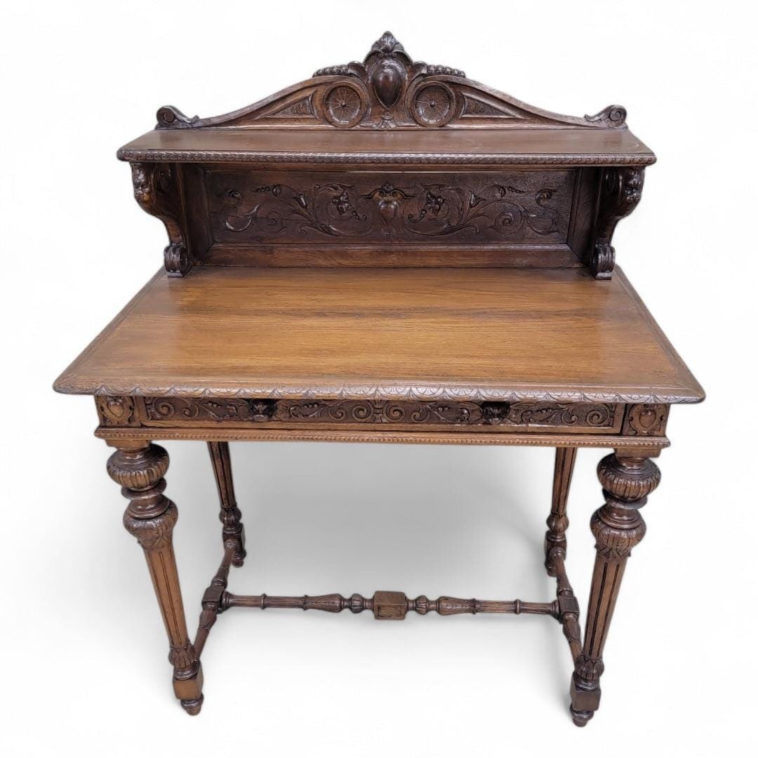 Antique French Carved Oak Petite Writing Desk (1 of 4)