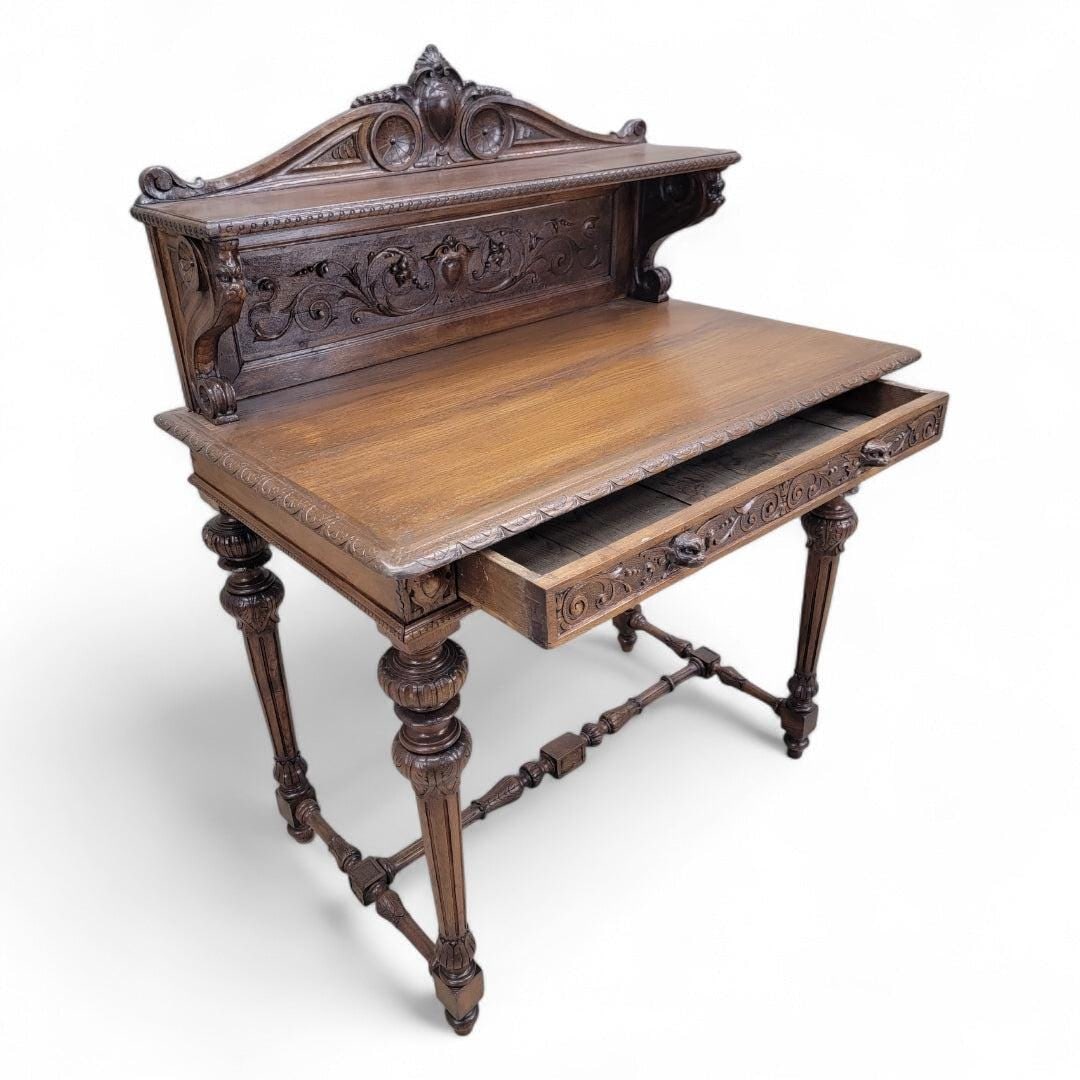 Antique French Carved Oak Petite Writing Desk - 2