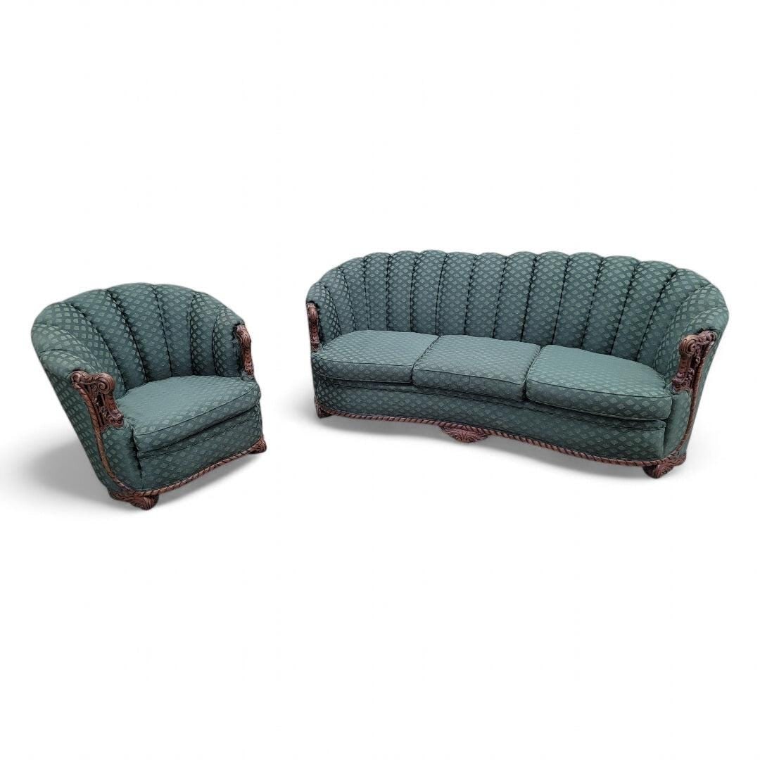 Art Deco Carved Ornate Channel Back Curved Sofa, Lounge Chair and Ottoman - 3