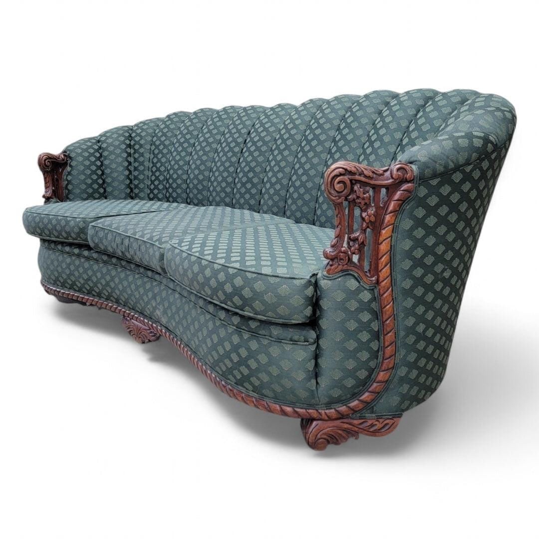 Art Deco Carved Ornate Channel Back Curved Sofa, Lounge Chair and Ottoman - 4