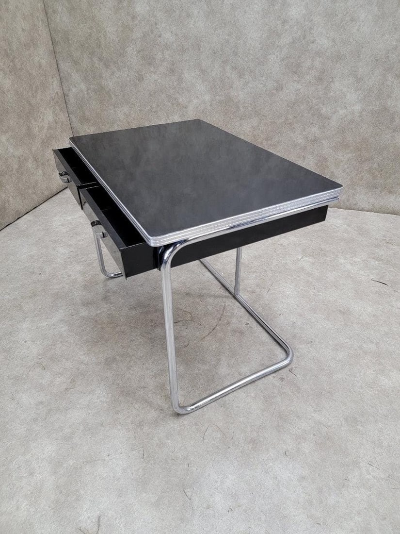 Art Deco Black Enamel Tubular Framed 2 Drawer Desk - 3