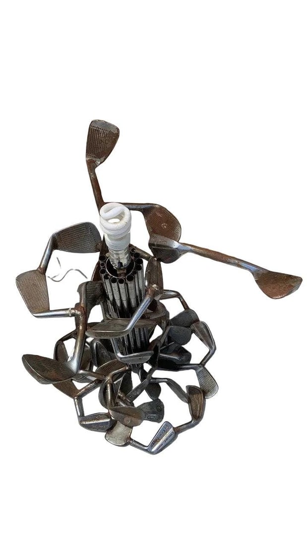 Vintage Hand Forged Tall Golf Club Table Lamp with Silhouette Golf Club Shade - 2