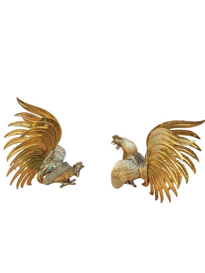 Vintage Fighting Roosters, Book Ends, Sculptural Pieces - Set of 2 - 3