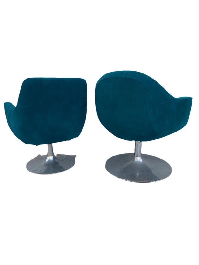 Mid Century Modern Aluminum Swivel Tulip Base Side Chairs Newly Upholstered in Teal Suede - Set of 2 - 3