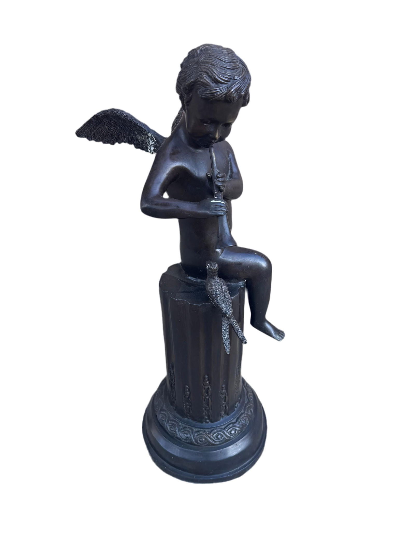 Antique Bronze Cherub on Pedestal Playing The Flute Sculpture - 4