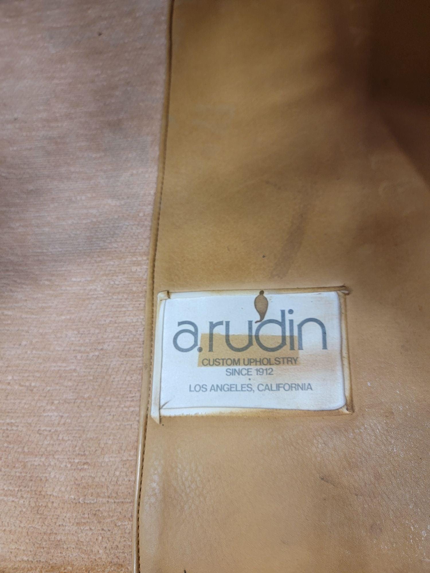 Vintage Oversized Distressed Cognac Leather Rolled Arm Sofas by A. Rudin with Custom Pillows- Pair - 2