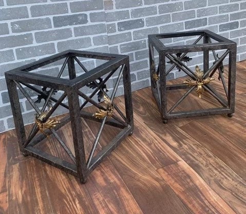 Vintage Forged Wrought Iron Side Tables with Gilded Leaf Motif and Glass Tops - Pair - 2
