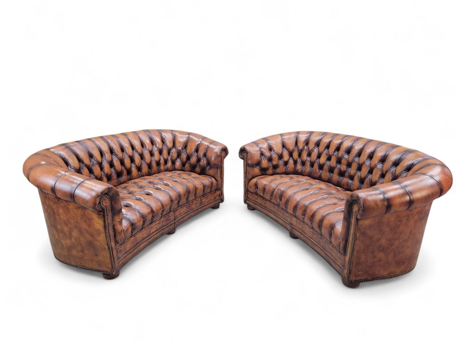 Vintage English Tufted Distressed Cognac Leather Chesterfield Sofa - Pair - 3