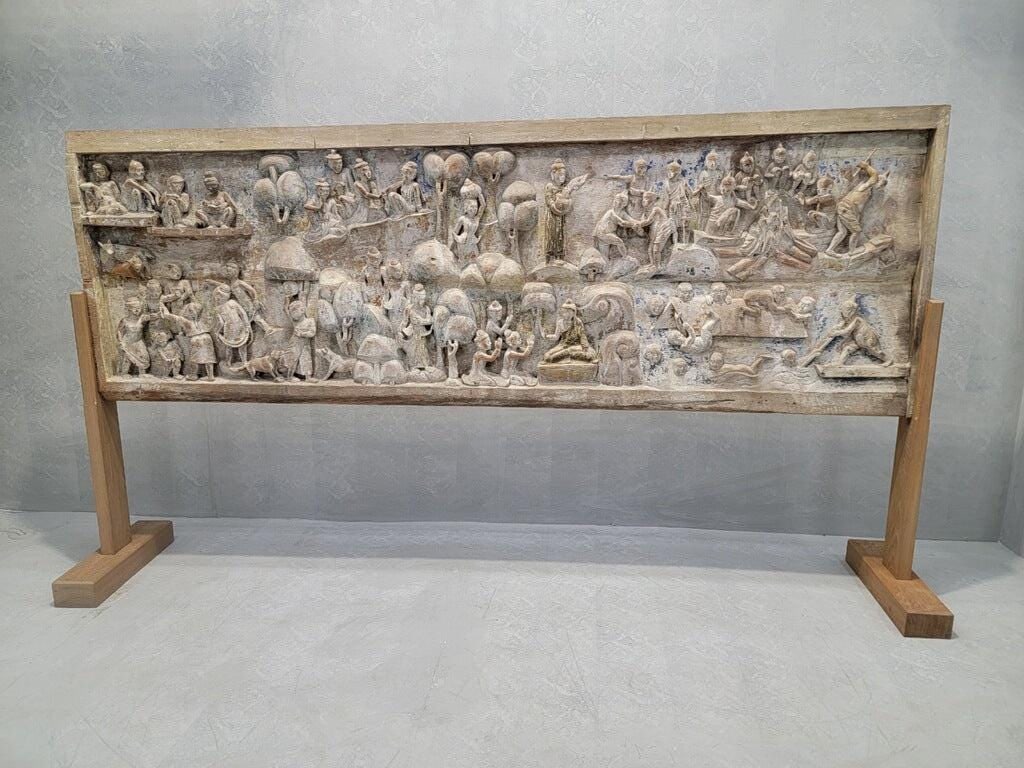 Antique Monumental Burmese Carved Mandalay Village Market Scene with Stand: Title: Antique Monumental Burmese Carved Mandalay Village Market Scene with Stand Description: Antique Monumental Burmese Hand-Carved Polychromed Mandalay Village Market Scene on Panel with Stand