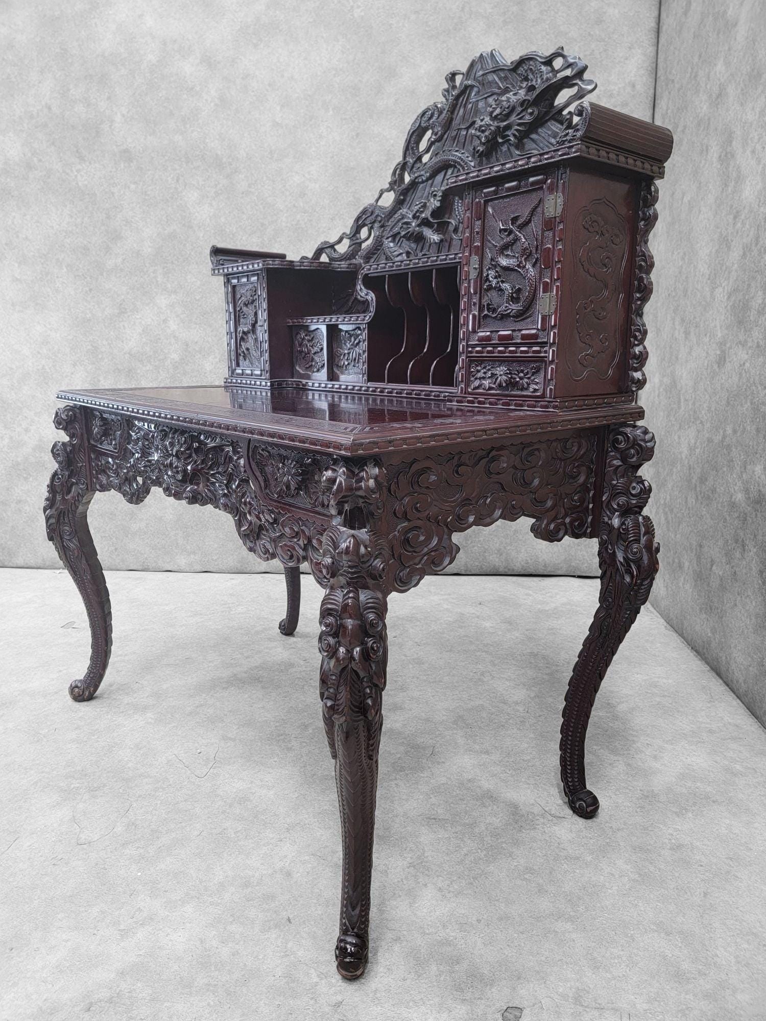 Antique Carved Ornate Japanese Export Hard Rosewood Writing Desk and Chair Set - 4