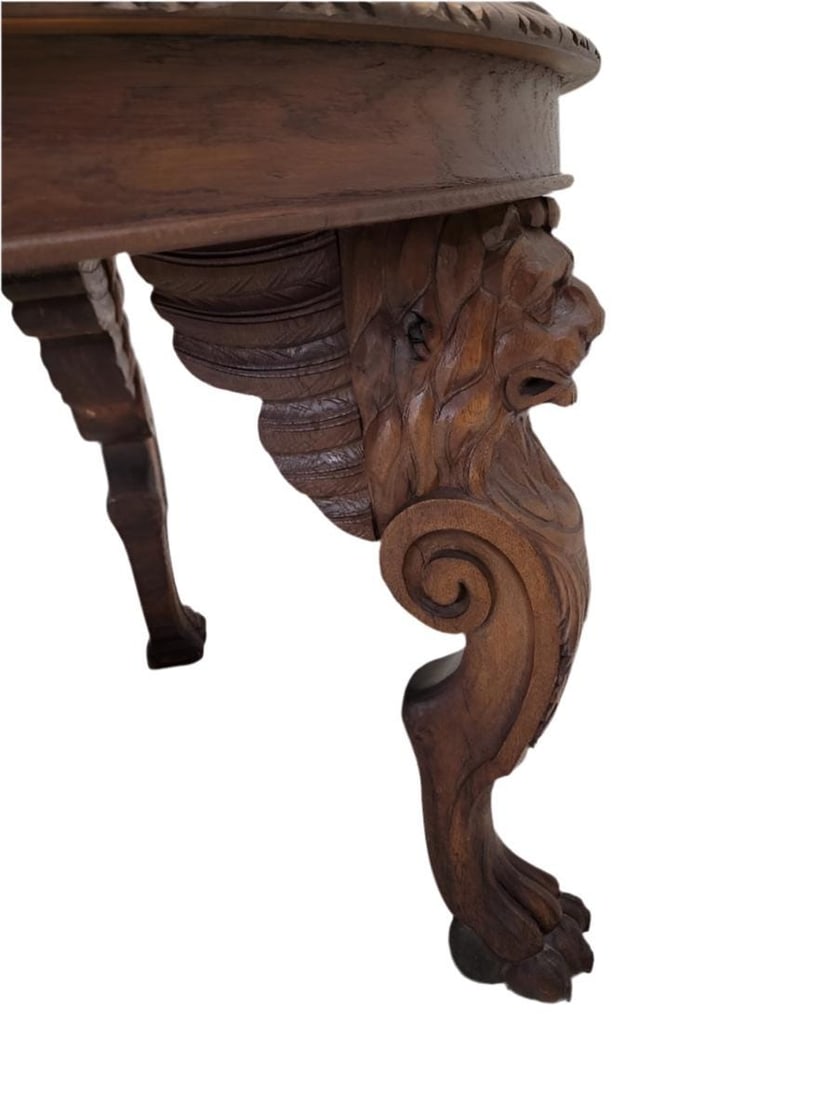 Antique French Figural Carved Ornate Oak Center Accent Entryway Table - 2