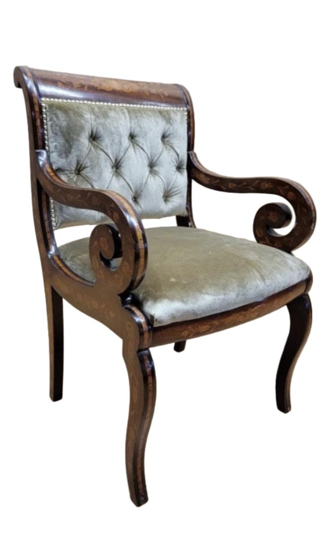 Antique Neoclassical Inlaid Scroll Arm Armchair Desk Chair Newly Upholstered in Gold Velvet (1 of 4)