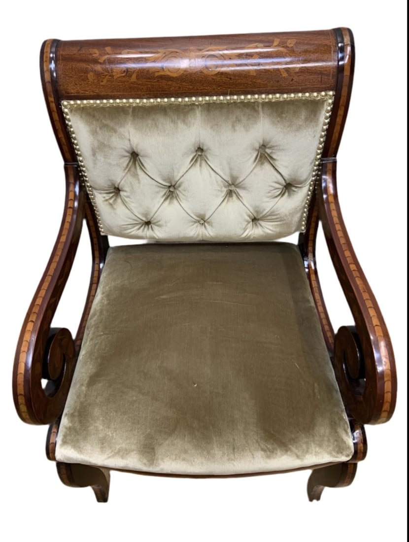 Antique Neoclassical Inlaid Scroll Arm Armchair Desk Chair Newly Upholstered in Gold Velvet - 3