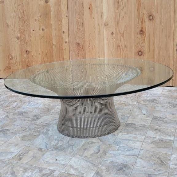 MCM Wire Base Coffee Table by Knoll: Title: MCM Wire Base Coffee Table by Knoll Description: Mid Century Modern Iconic Warren Planter Circular Wire Base Glass Top Coffee Table for Knoll A vintage steel and glass coffee table designed by
