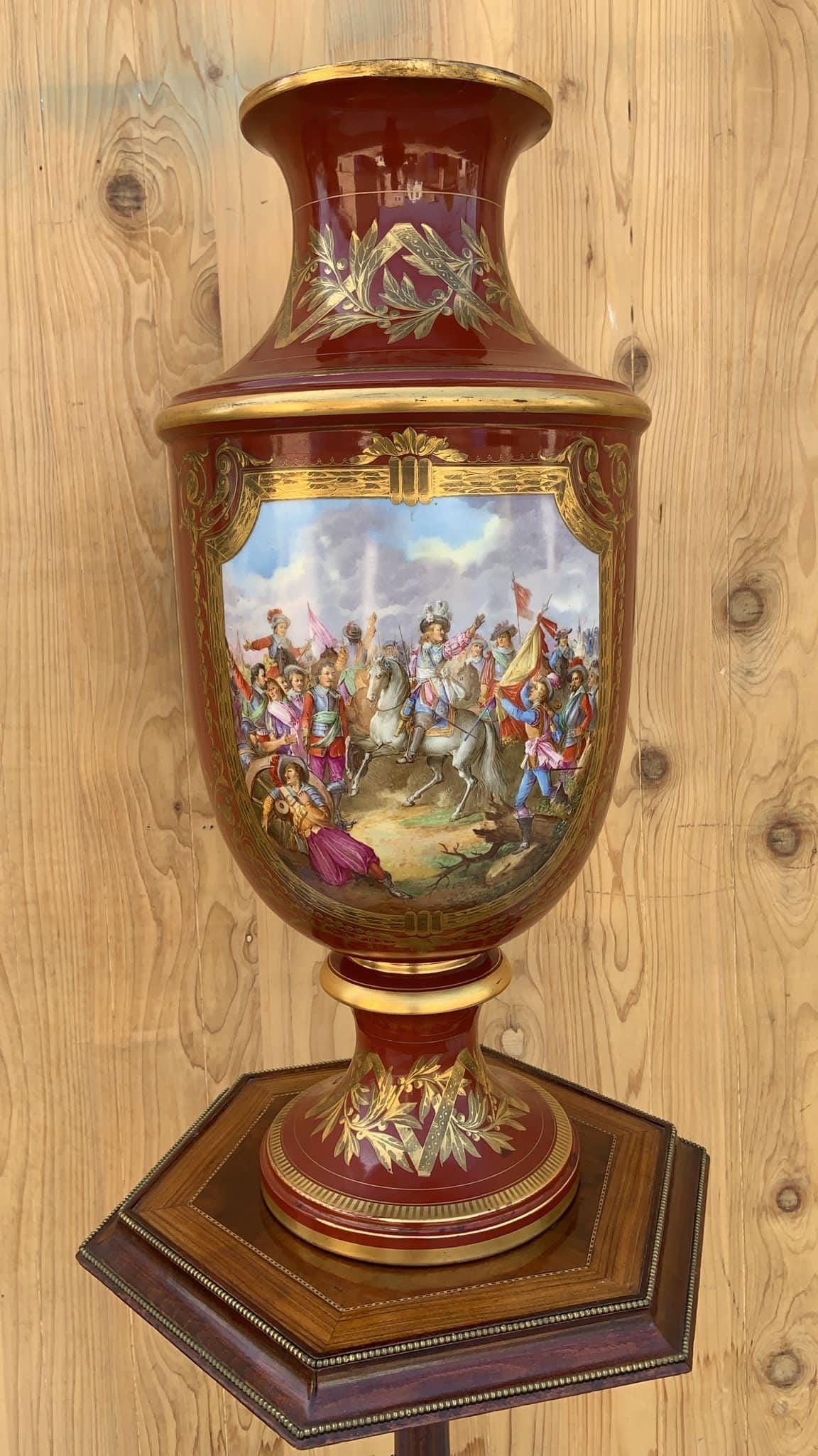 Antique Oversized Red French Sevres Hand Painted Porcelain Trumpet Vase - 2