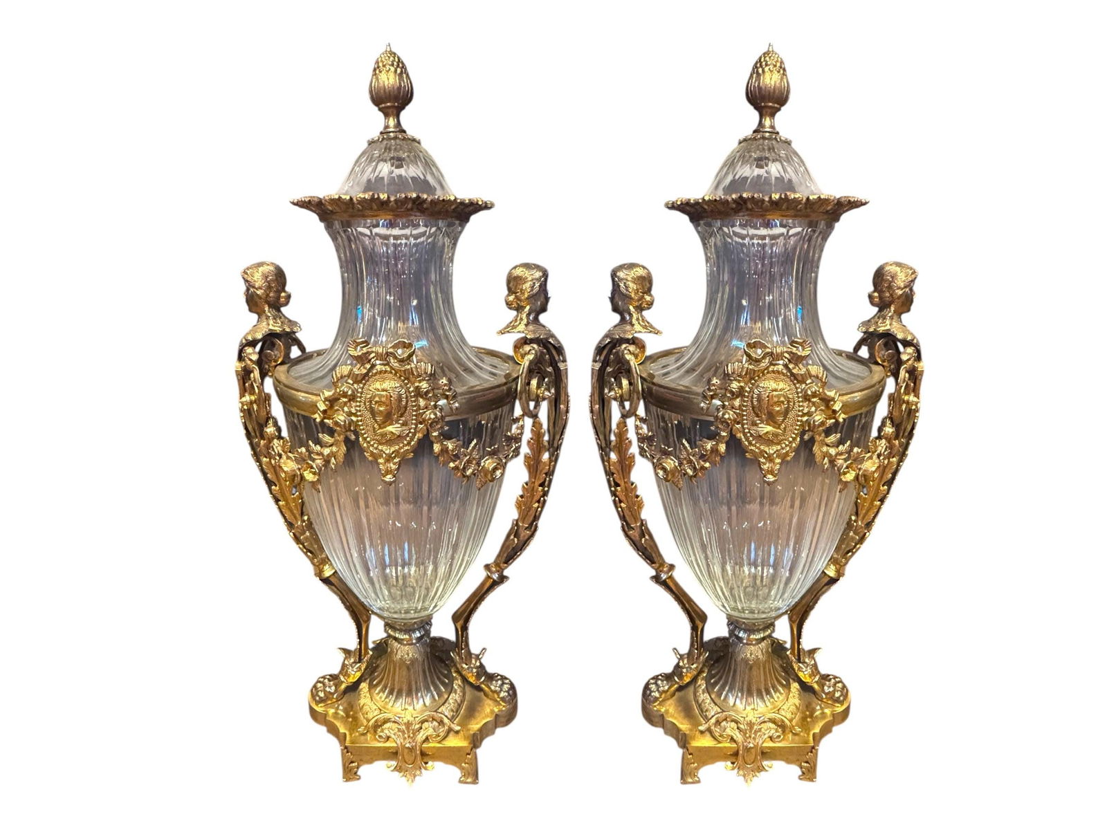 Antique French Gilt Bronze Diamond Cut Baccarat Crystal Urns Signed - Pair (1 of 4)