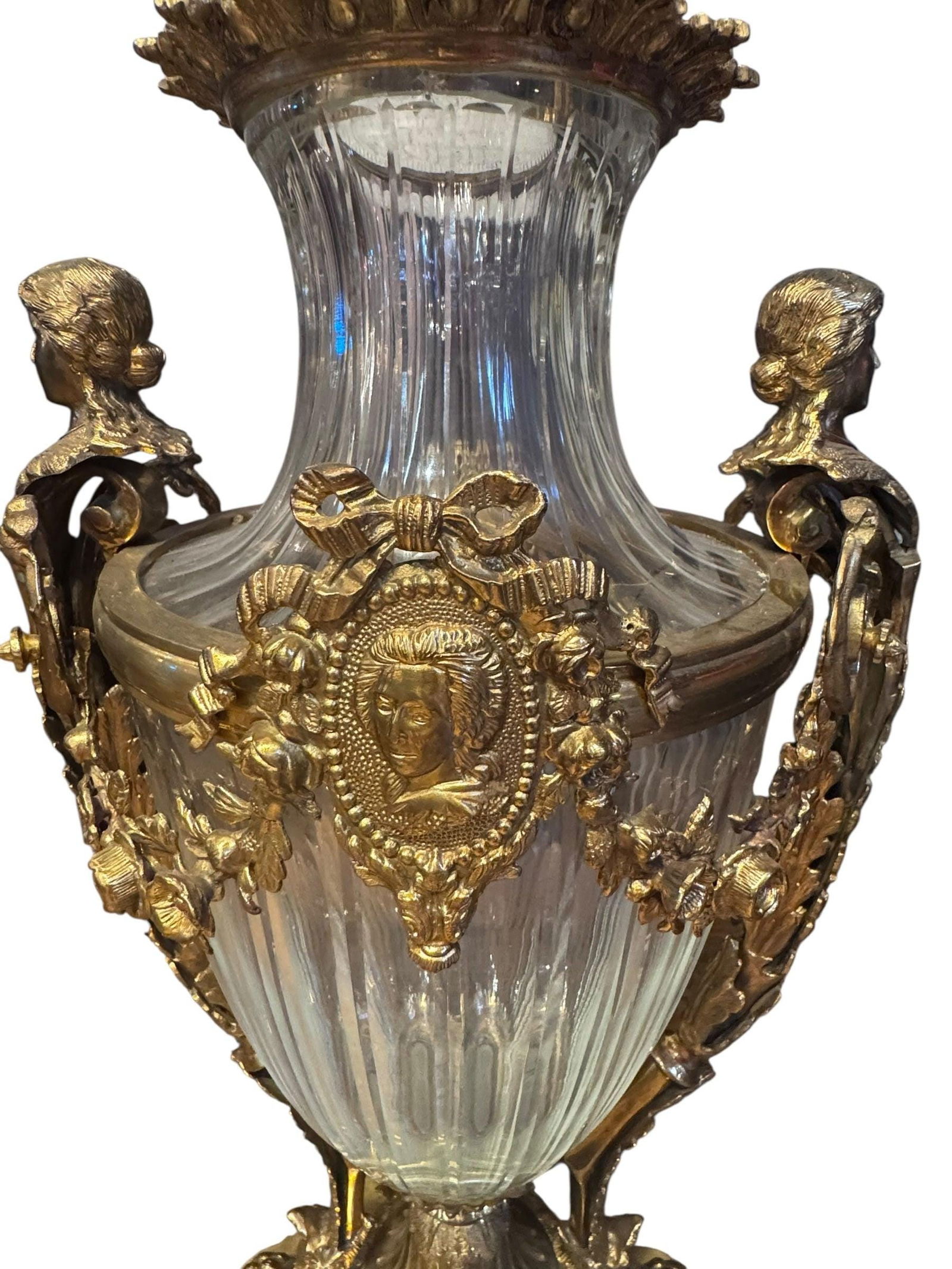 Antique French Gilt Bronze Diamond Cut Baccarat Crystal Urns Signed - Pair - 2