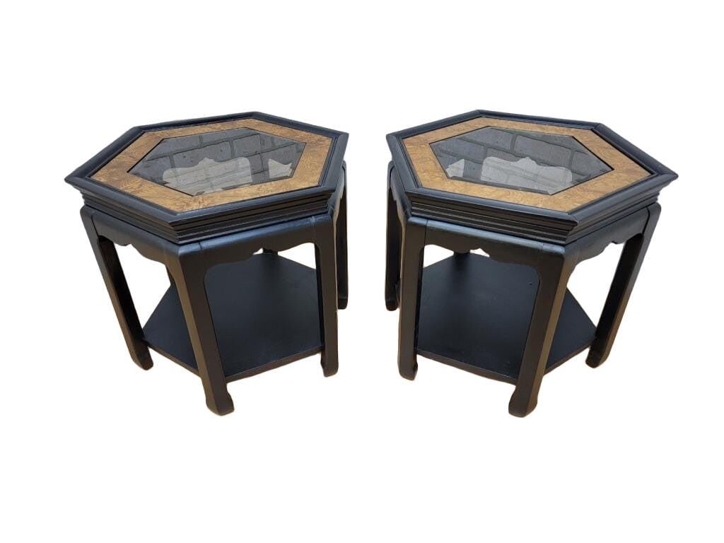 Hollywood Regency Chinoiserie Style Ebonized and Burl Side Tables - Pair (1 of 4)