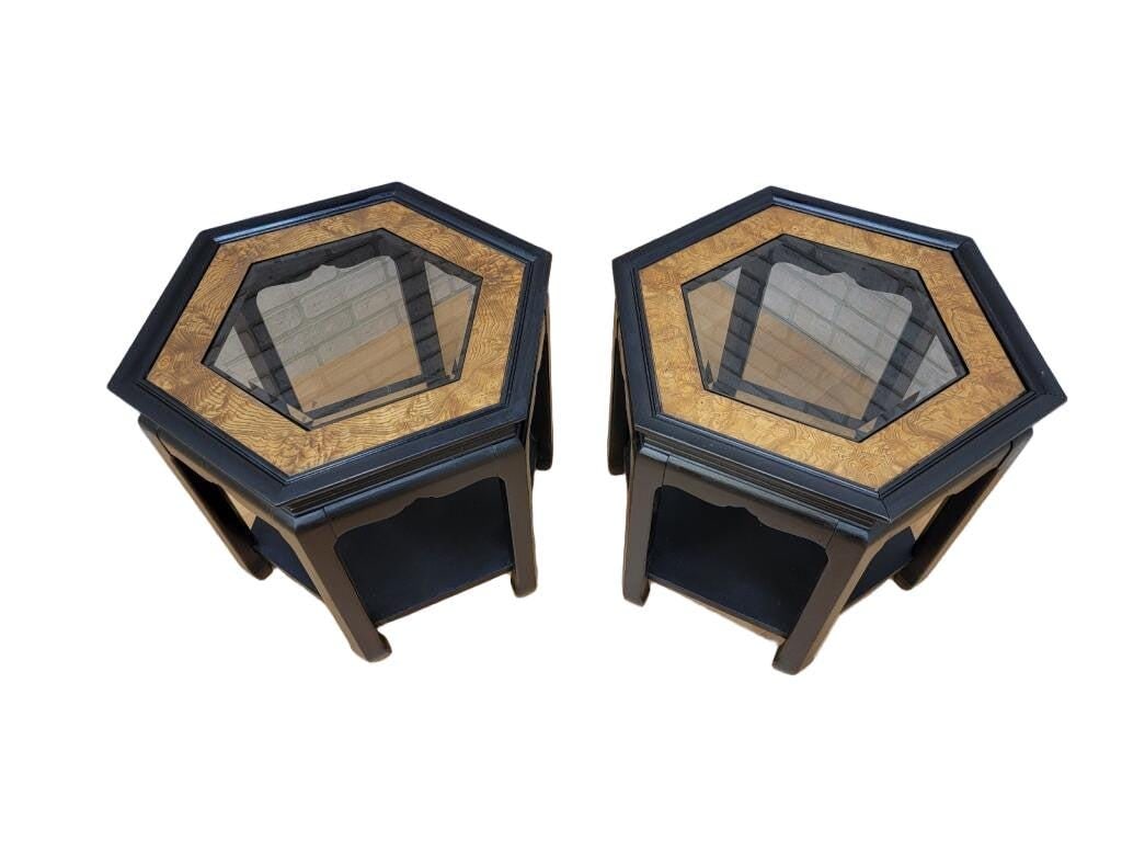 Hollywood Regency Chinoiserie Style Ebonized and Burl Side Tables - Pair - 2